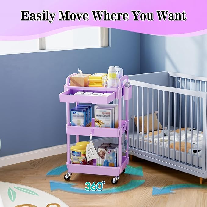 3 Tier Rolling Cart Organizer with Drawer, Bathroom Storage Carts with Wheels & Plastic Shelf, Mobile Storage Organizers for Kitchen, Office, Laundry Room, Baby, Snack, Craft, Makeup, Purple