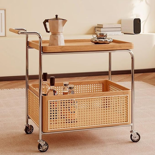 Mid Century Solid Wood Side Table,Rolling Cart,2 Tier Small End Table with Wheels,Mobile Side Table with Breathable Storage Basket,Suitable for Living Rooms,Kitchens,Bedrooms (Beige B)
