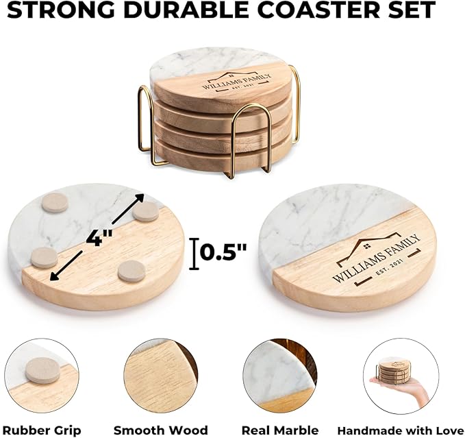 Personalized Coasters House Warming Gifts New Home, Custom Drink Coasters with Holder Set for Home Personalized House Warming Gift,