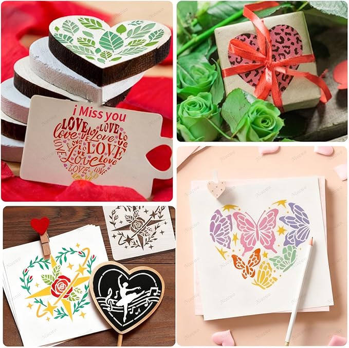 Valentines Day Cake Stencils Kit Reusable Cookie Coffee Stencil Drawing Template for Dessert Buttercream Painting Envelopes DIY Crafts Wall Floor Decor (16 Pcs Heart)