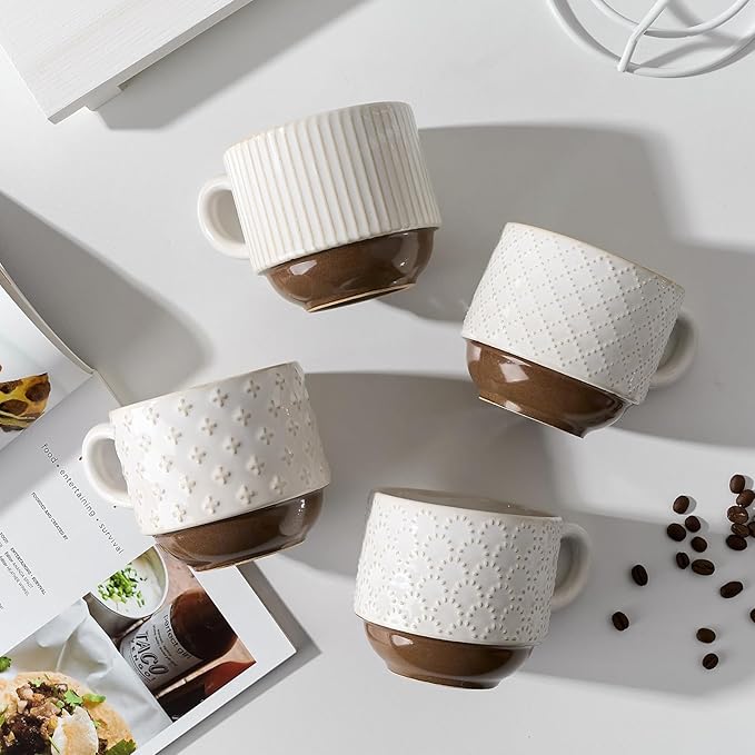 JH JIEMEI HOME Large Ceramic Coffee Mug Set of 4 with Stand, 15 Oz Stackable Different Embossment Ribbed Latte Cup Set for Cappuccino, Tea, Hot Cocoa, Drinks - Dishwasher & Microwave Safe, Off White