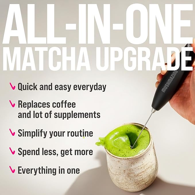 Mushroom Matcha + Lion’s Mane, Ashwagandha, Collagen - Focus, Energy & Immune Support - 30 Servings of Adaptogen Superfood Blend for All Day Coffee Alternative