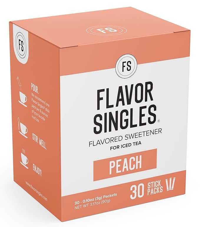 Flavor Singles Peach Powdered Sweetener Packets for Tea, Travel Ready Single-Serve Syrup Alternative, 30 Count (Pack of 1)