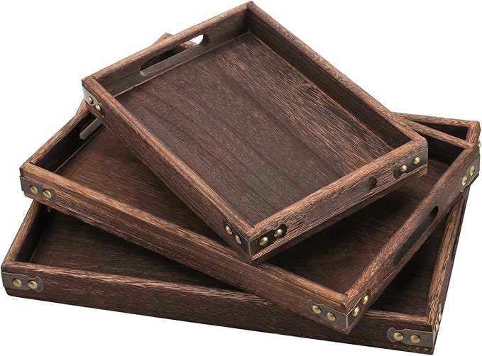 TOPZEA 3 Pack Wood Serving Tray with Handle, Farmhouse Wooden Coffee Table Trays Decorative Breakfast Tray for Bed, Couch, Ottoman, 3 Size