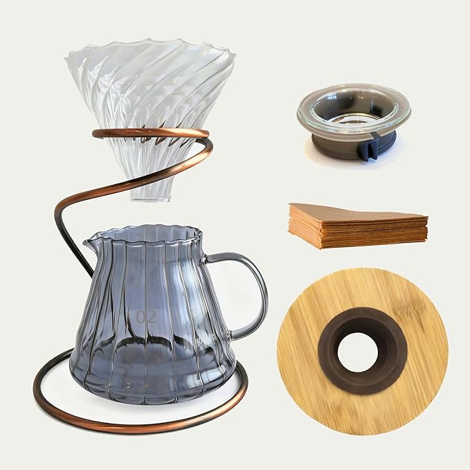 Pour Over Coffee Maker Set with Glass Carafe, Iron Stand, Bamboo Base, 20 oz Capacity, V02 Filter Papers(100 Count), Manual Drip Brewing System