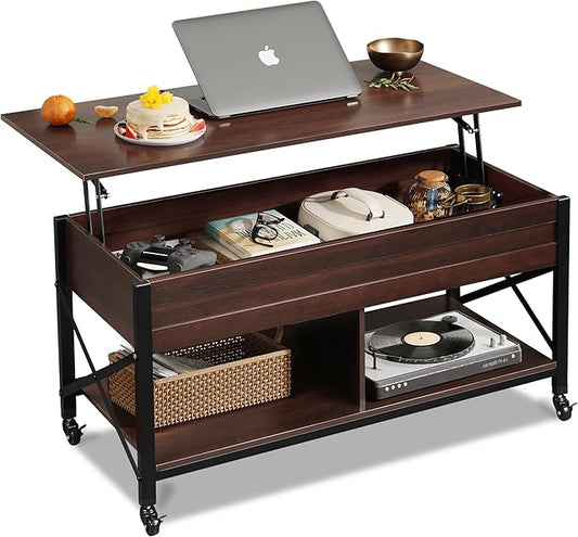 WLIVE Coffee Table, 41.3" Lift Top Coffee Table with 4 Wheels, Hidden Compartment, Storage Shelf and Lift Tabletop for Living Room, Reception Room, Espresso