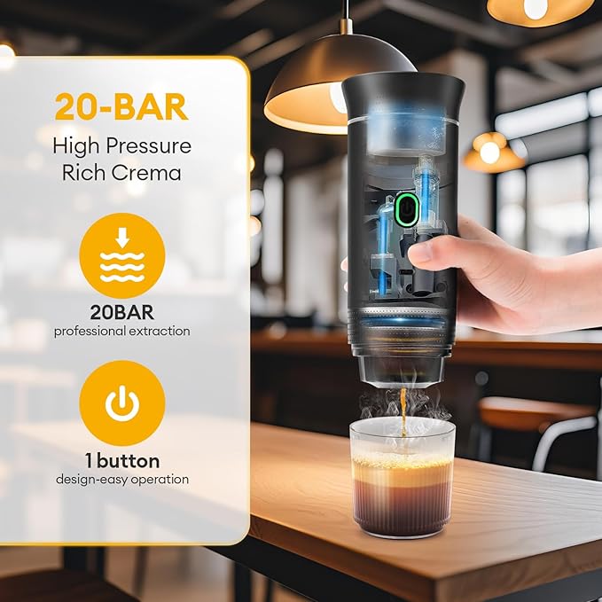 3 In 1 Portable Coffee Maker for Travel, 20 Bar Portable Espresso Machine with USB,Travel Coffee Maker Self-Heating, Compatible with Ground Coffee & Capsule for Hiking,Office,RV（Black）