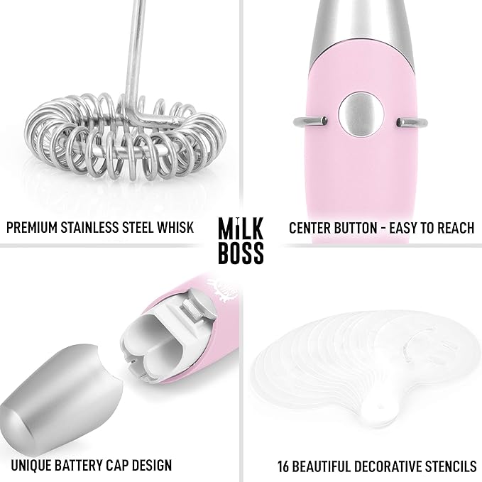 Milk Boss Mighty Milk Frother Handheld Whisk Mixer - Coffee Frother Electric Handheld Foam Maker & Frother For Coffee - Portable Electric Whisk With 16-Piece Stencils For Lattes, Matcha & More (Pink)