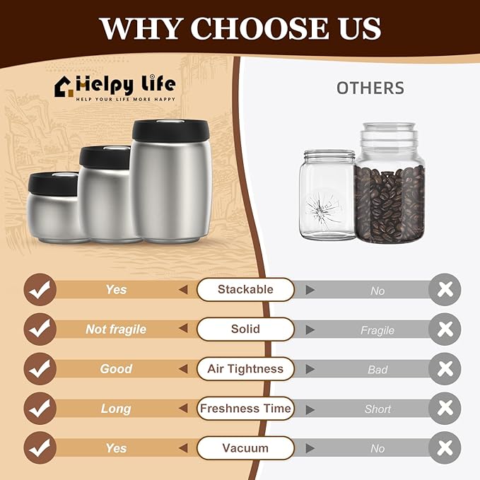 Coffee Vacuum Canister,800ml/10.7oz Stainless Steel Coffee bean Container,Food Storage Container with Airtight Lid,Push Out Excess Air Preserve Food Freshness