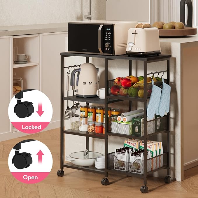 SWTYMIKI Kitchen Island Cart on Wheels - 4 Tier Rolling Kitchen Table Cart with Storage Shelves, 6 Removable Hooks& Locking Casters, Coffee Bar Cabinet for Dining Room Pantry Office, Black