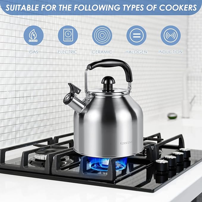 4.2 Quart/4L Large Whistling Tea Kettle, 304 Stainless Steel Brushed Satin, Fast Boil for Induction & Gas Stoves