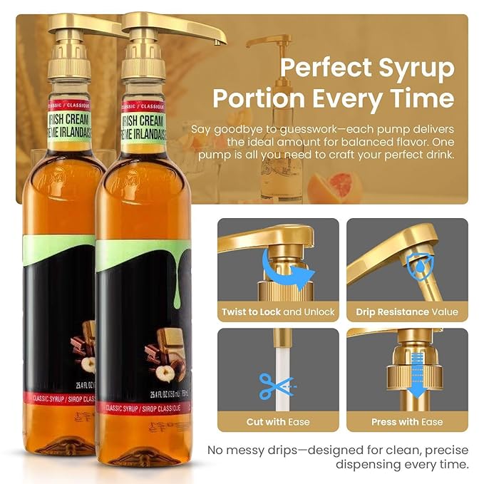 4-Pack Gold Plastic Bottle Syrup Pumps – Fits 750ml / 25.4 oz Bottles – Compatible with Torani & More – IMPORTANT: Will Not Fit Glass Bottles – Coffee Syrup Dispenser