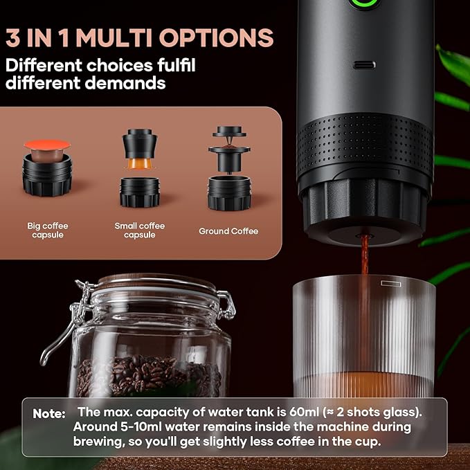 Portable Battery Coffee Maker Espresso Machine, 20 Bar Nano Car Coffee Mini Espresso Machines Self-Heating Electric Espresso Maker, USB-C 3-in-1 Ground Coffee & NS Capsule Pod RV Hiking Camping