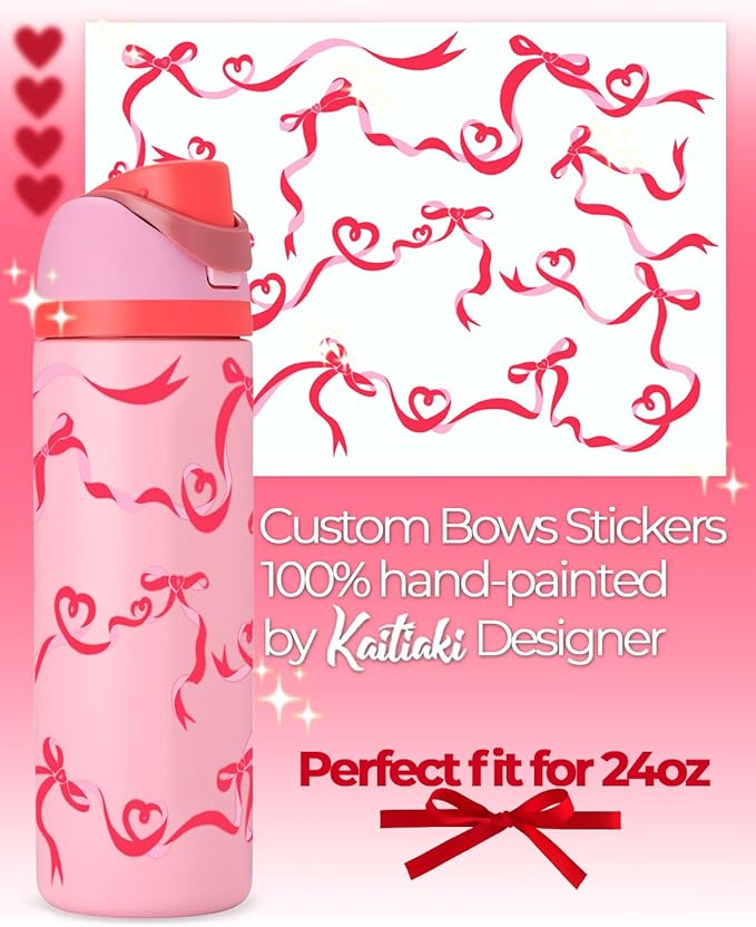 Valentine's Day Tumbler Decals for Owala Accessories - Sweet Heart Bows Stickers, Fits 24oz Angel Food Cake Owala Bottles, Great Valentines Gift (Red)