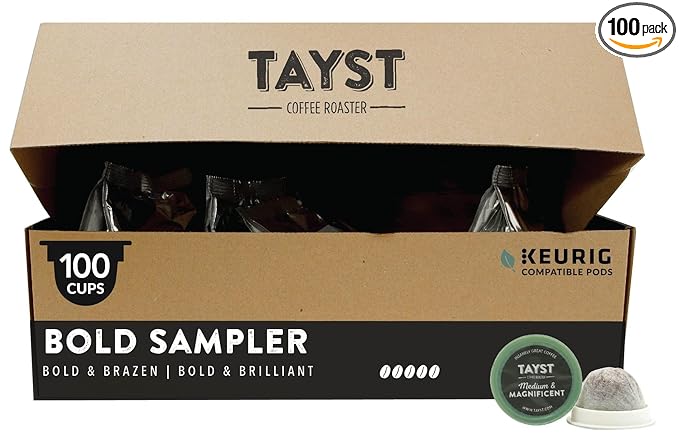 Tayst Coffee Pods, Bold Sampler Box Dark Roast, K Cups Compatible with Keurig Coffee Maker, Sustainable Single Serve, Pack of 100