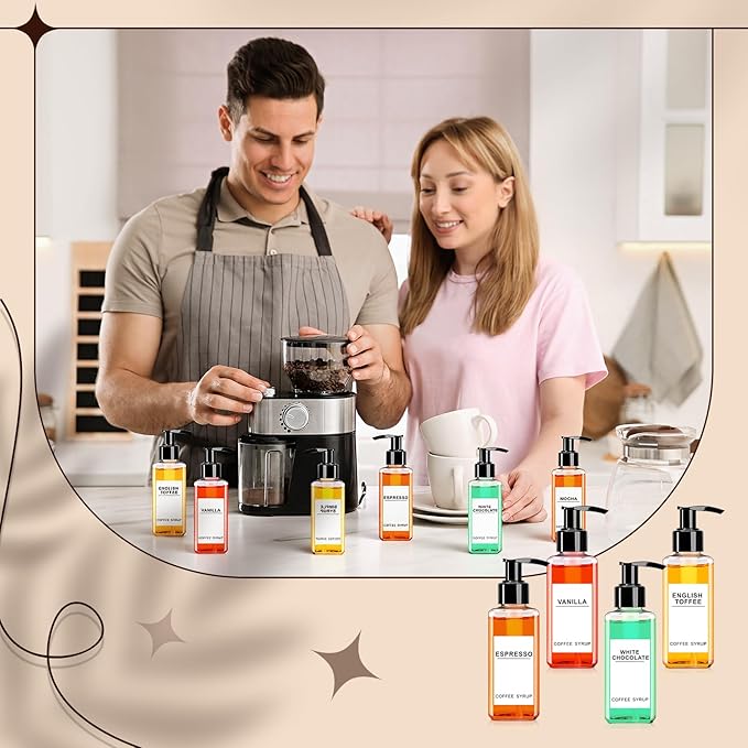 Nuogo 6 Pcs Coffee Syrup Dispenser Set 750ml, 500ml, 300ml, 150ml Pet Black Syrup Bottles with Pump Dispenser 27 Labels for Coffee Bar Kitchen Accessories Portable Travel(5 oz,Square)