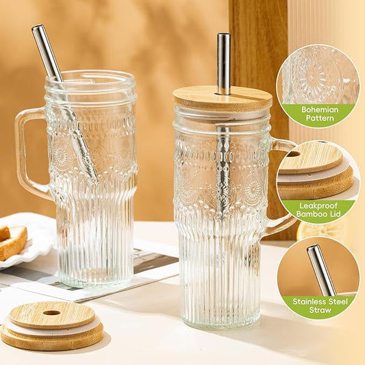 Glass Cups with Bamboo Lids and Straws, 24oz Glass Tumbler with Handle, Stainless Steel Straws & Cleaning Brushes – Boho Pattern Iced Coffee Cup for Smoothies, Tea, and Gifts, Set of 2