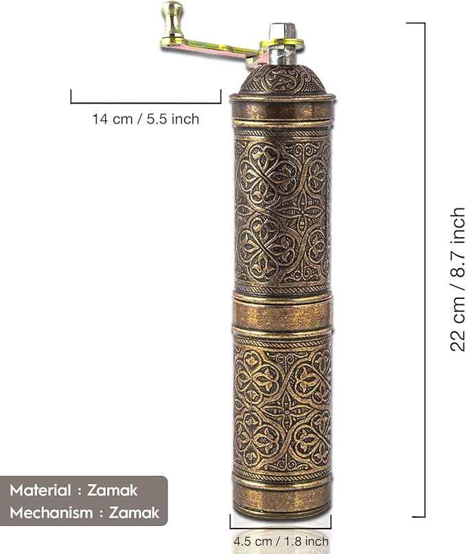 Handmade Turkish Pepper & Coffee Grinder, Refillable Turkish Spice Mill with Adjustable Coarseness, Manual Coffee Mill with Handle, Coffee Grinder Metal with Hand Crank 22 cm-8.66 inch (Antique)