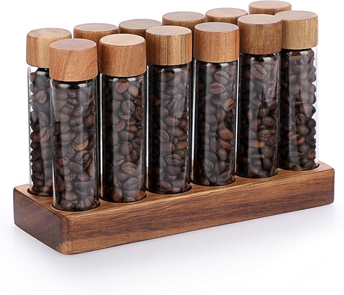 JUXYES Set of 12 Single Dose Coffee Bean Storage Tubes with Wooden Stand and Lids, Dosing Glass Vials for Coffee Storage, Coffee Bean Container Cellars, Espresso Bean Canisters Set, 2 fl oz