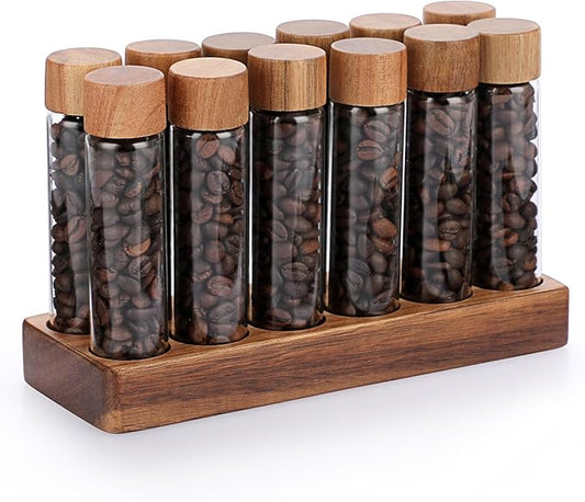 JUXYES Set of 12 Single Dose Coffee Bean Storage Tubes with Wooden Stand and Lids, Dosing Glass Vials for Coffee Storage, Coffee Bean Container Cellars, Espresso Bean Canisters Set, 2 fl oz