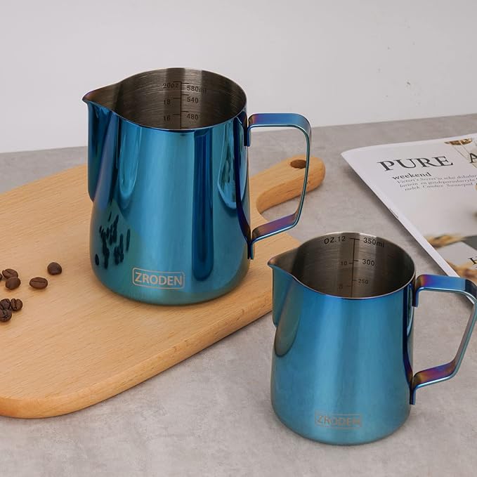 Milk Frothing Pitcher, 12oz Espresso Steaming Pitchers Stainless Steel Cappuccino Coffee Machine Accessories Barista Tools Steam Froth Pitchers Milk Jug Cup with Decorating Pen Latte Art, Blue