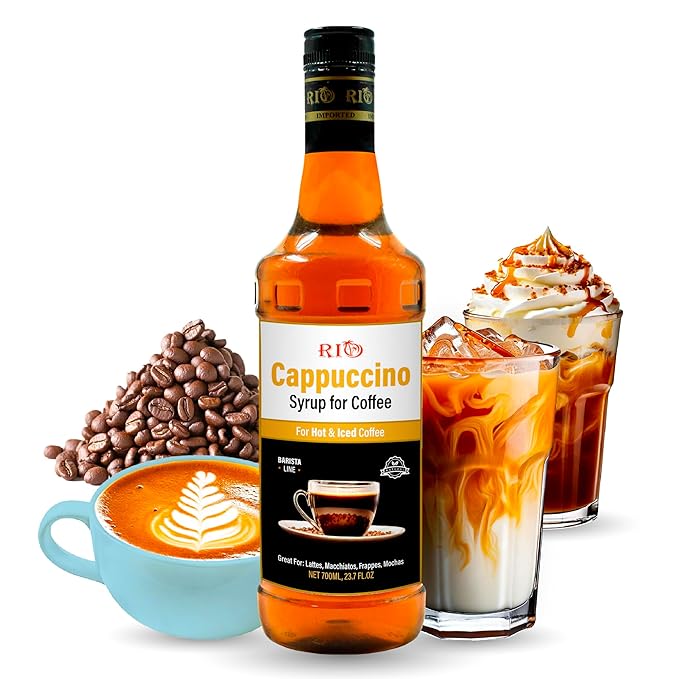 RIO Cappuccino Coffee Syrup for Hot or Iced Drinks and Desserts, Rich and Creamy Flavoring Sweetened with Pure Cane Sugar, Barista-Grade Flavor Syrups For Coffee Drinks at Home & Work - 700ml