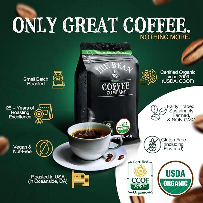 The Bean Organic Coffee Company Suzi's Power Bean, Dark Roast, Whole Bean Coffee, 16-Ounce Bag