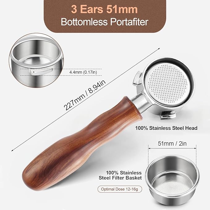 51mm Bottomless Portafilter with Puck Screen, 3 Ears Stainless Steel Head, Compatible with CASABREWS CM5418, 3700Essential, 3700Gense Espresso Machines, Includes 304 Stainless Steel Filter Basket