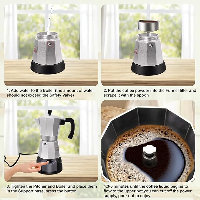 Vaolvpant Electric Aluminum Moka Pot 5-6 Cup 270ml Espresso Maker with Detachable Base Ideal Coffee Makers for Home MochaPot Italian and Cuban Café Coffeemaker Espressomaker CoffeePot Silver