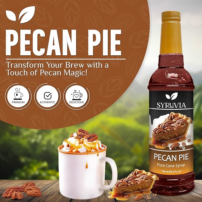 Syruvia Pecan Pie Coffee Syrup - 25.4 fl oz - Kosher Syrups, Gluten Free, No Coloring, Perfect for Drinks, Soda, Shakes & More With Syrup Pump