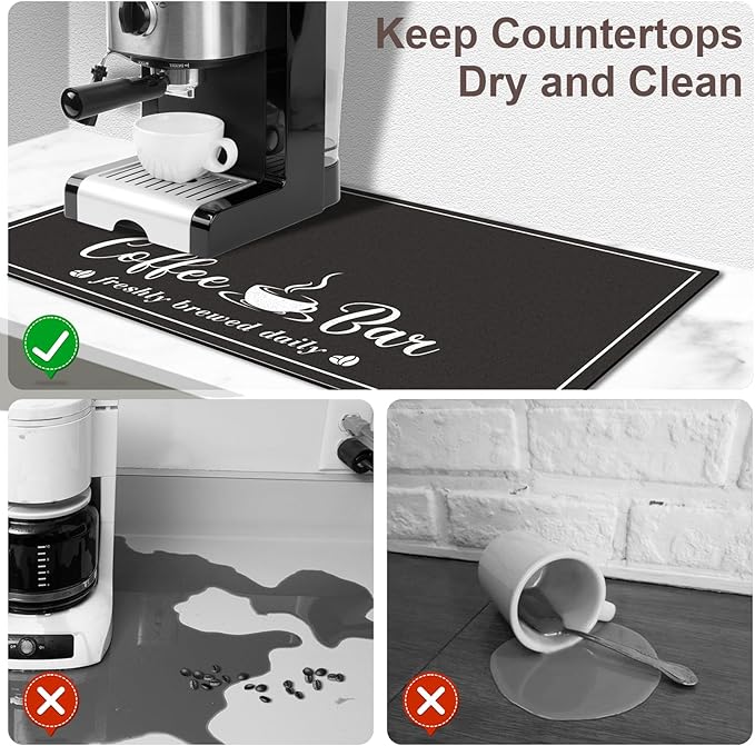 Absorbent Coffee Mat, Fashion Dish Drying Mat for Kitchen Counter Coffee Bar Accessories Espresso Machine Dish Rack 17" x 32" Black