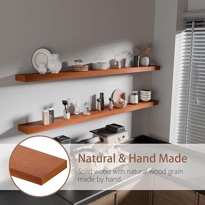 60 inch Long Floating Shelves for Wall,Solid Wood Long Shelves Set of 2,Orange Rustic Wall Mounted Shelves with Heavy Duty Brackets (Orange, 60 Inch)