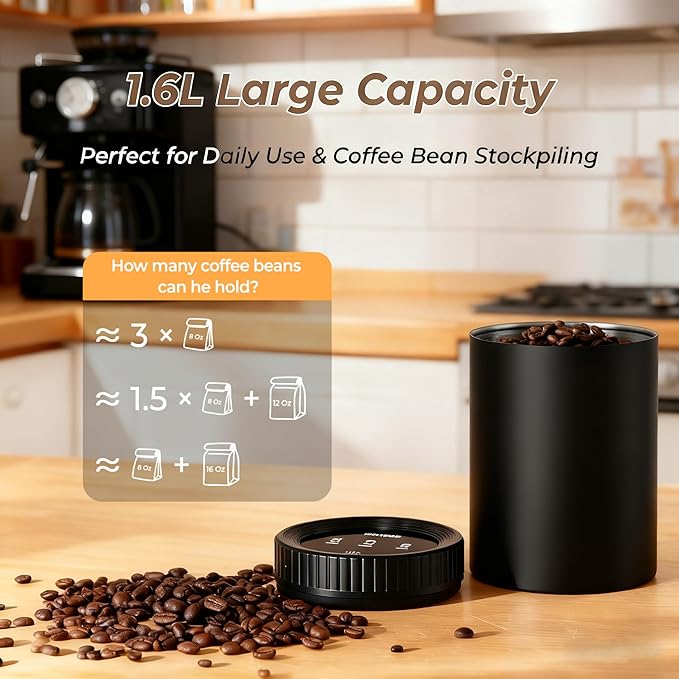 Vacuum Coffee Canister, 1.6L Airtight Food Storage Container, Automatic Stainless Steel Coffee Canister, Food Storage Containers - Coffee Containers