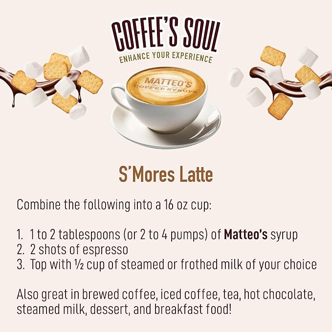 Matteo's S'mores Syrup for Coffee, Lattes, Cappuccinos & Desserts – Sugar-Free Sweetener for Beverages, Keto Friendly, Zero Calories, Indulgent Flavor, Non-Alcoholic, Ideal for Hot Drinks 33.8oz (6pk)