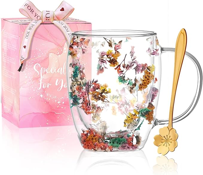 Gifts for Women Dried Flowers Double Wall Glass Coffee Mugs Cute Glass Tea Cups with Handles Autumn Mug Christmas Birthday Gifts for Best Friend Teacher Mum Gift New Home Gift Ideas Home Decor