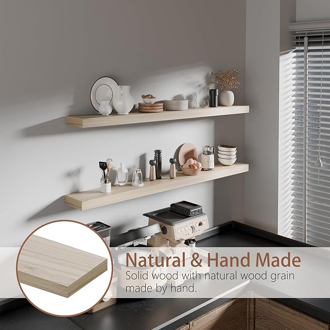 48 inch Natural Bathroom Shelves,Long Floating Shelves for Wall,Solid Wood Long Shelves Set of 2,Kitchen Mounted Shelf,Heavy Duty Bracket (Natural, 48 Inch)