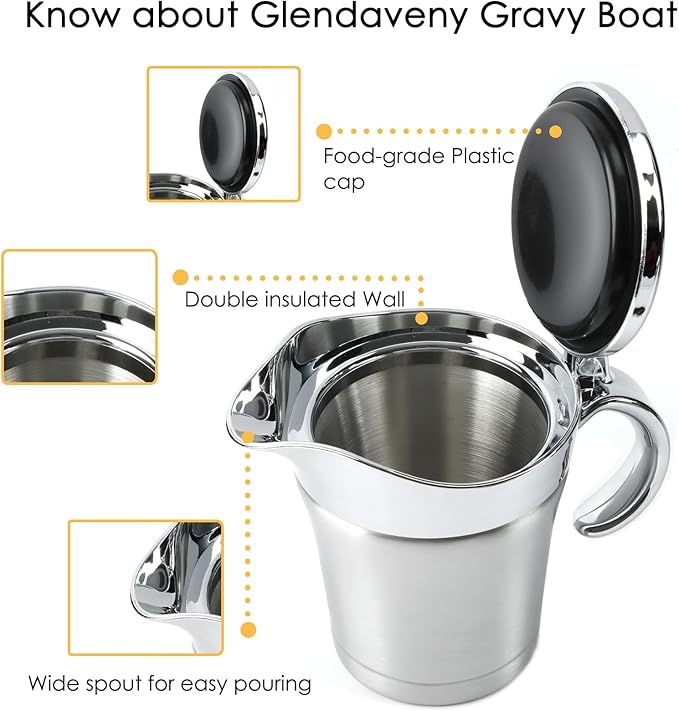 Double Insulated Gravy Boat, 18/8 Stainless Steel Sauce Jug Gravy Boat with Hinged Lid - Ideal for Gravy or Cream at Thanksgiving, Halloween, Christmas, Dishwasher safe (750ML/26 OZ)