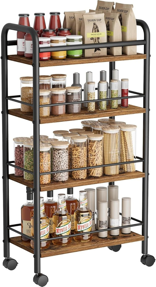 Slim Storage Cart, 4-Tier Small Rolling Cart with Wheels, 9.1" Deep, Narrow Bathroom Shelf Trolley for Kitchen, Bathroom, Laundry Room, Rustic Brown Large 4-Tier (9.1" W x 33.6" H)