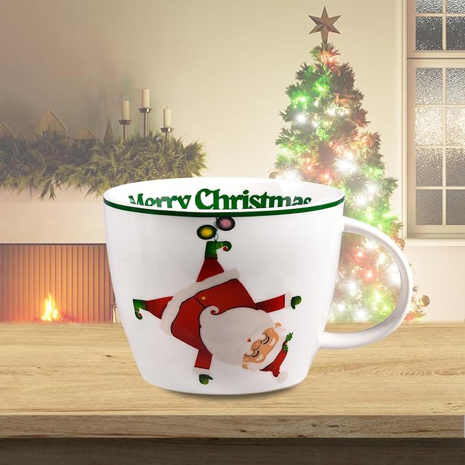 Merry Christmas Coffee Mug Huge Novelty Cup Funny Ceramic Soup Bowl with Handle, 30 oz Wide, Multi-purpose, Santa Mug for Co-workers, Friends, Holiday Decor, White Green Letters