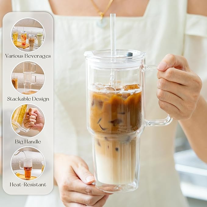 KEMORELA 28 oz Double Wall Glass Tumblers with Handle, Set of 4 | Insulated Glass Cups for Iced Coffee, Smoothie & Cold Brew | Also Perfect for Hot Coffee & Tea | Large Capacity, Thick Glass