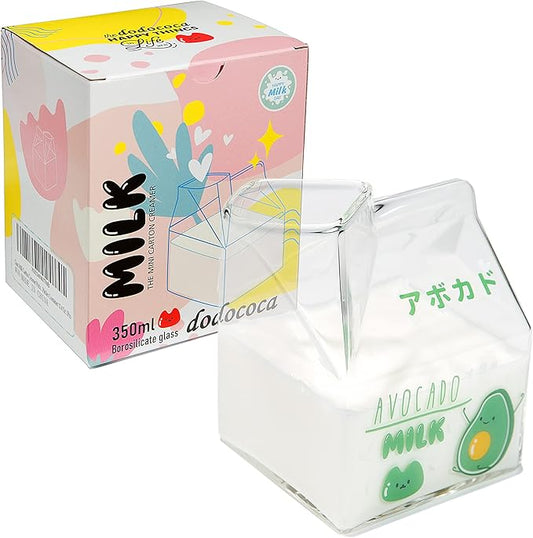 Kawaii Glass Milk Carton Cup Clear Cute Milk Cup Mini Creamer Pitcher Container Microwavable 12 Oz, 1Pcs(Avocado)