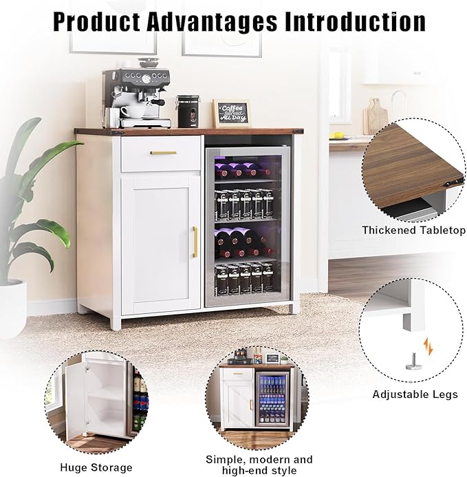 GDLF Coffee Bar with Mini Fridge Space, Mini Fridge Cabinet Stand，Liquor Wine Cabinet for Dorm, Kitchen or Office, 39.4" W X 20.9" D Tabletop，White