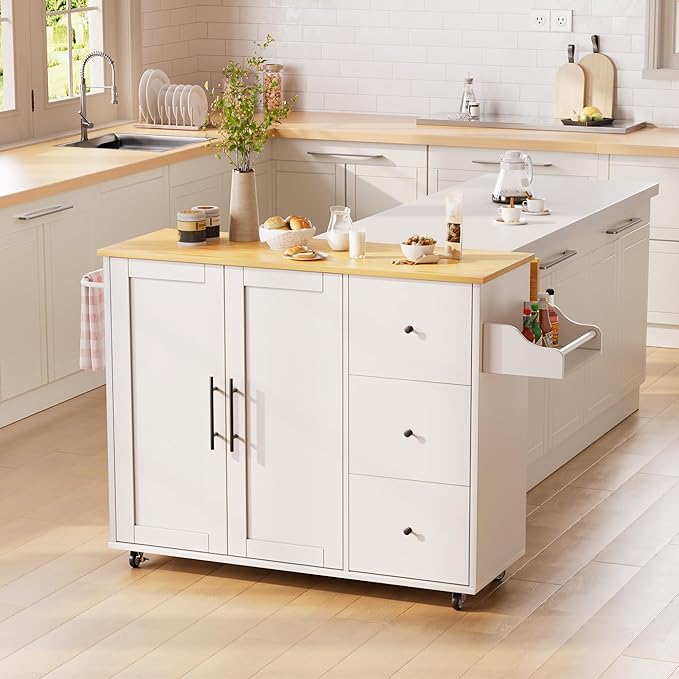 Kitchen Island on Wheels with Storage-Multifunctional Kitchen Island Cart with Drop Leaf, Rolling Island with Spice/Towel Rack,Expandable Island Table Kitchen,39.37" Width,White
