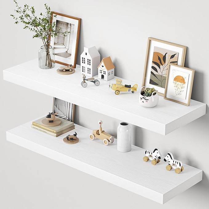 Dreamland 48" Floating Shelves for Wall, 12" Deep Thicker White Floating Shelves, Wall-Mounted Shelves for Bedroom, Living Room, Kitchen, Bathroom - Set of 2