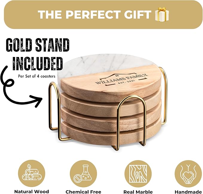 Personalized Coasters House Warming Gifts New Home, Custom Drink Coasters with Holder Set for Home Personalized House Warming Gift,