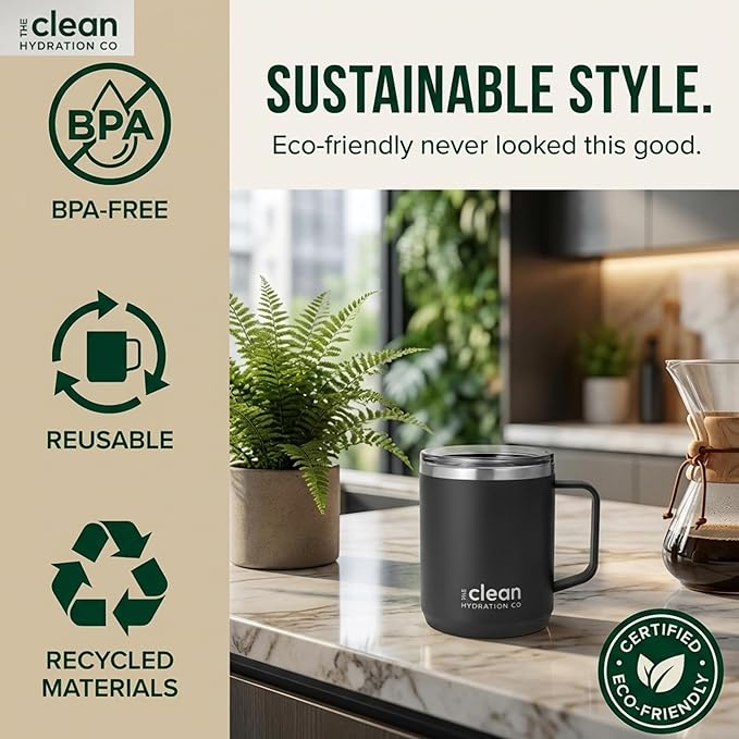 Coffee Mug Travel Mug Insulated 12 Oz | Ceramic Lined Travel Cup with Lid | Reusable Office Mug Double Wall Vacuum Eco-Friendly BPA-Free (Black)