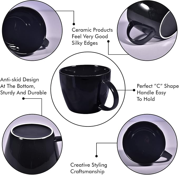 Large Coffee Cup, Ceramic Black Coffee Mug, Wide Mouth Tea Cup Soup Bowl Mug with Handle