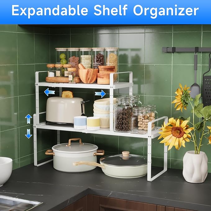KIKIBRO Expandable Cabinet Shelf Organizer, Stackable Kitchen Pantry Counter Storage, Adjustable Closet Cupboard Stand Rack Risers Spice Organization, 80LBS Heavy Duty, White 3 Pack