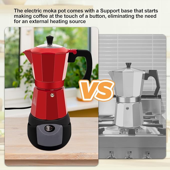 Vaolvpant Electric Aluminum Moka Pot 5-6 Cup 270ml Espresso Maker with Detachable Base Ideal Coffee Makers for Home MochaPot Italian and Cuban Café Coffeemaker Espressomaker CoffeePot Red