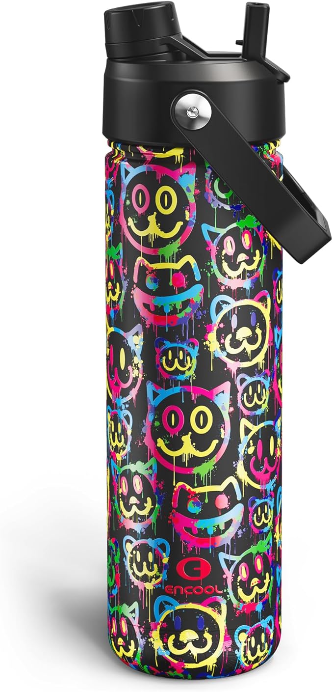 ENCOOL Insulated Water Bottle with Straw Stainless Steel Water Bottle, Leak-Proof, BPA-Free, Double Wall Vacuum Keeps Cold for 24 Hours for Sports, Travel, School (26 oz, Neon Smiley)